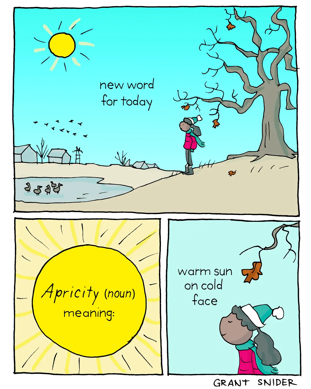 new word for today / Apricity (noun) meaning: / warm sun on cold face