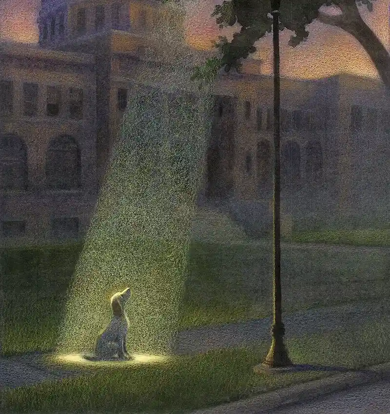 Dog under streetlight