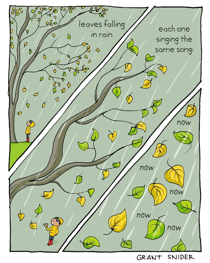 leaves falling in rain / each one singing the same song: / now now now now now