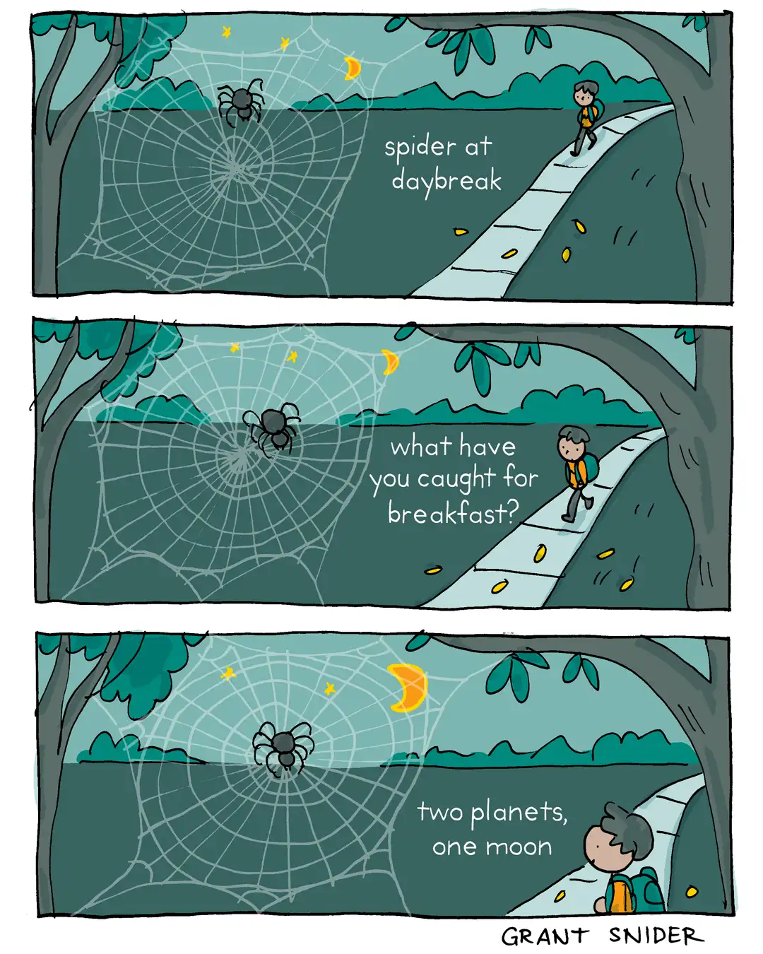 spider at daybreak / what have you caught for breakfast? / two planets, one moon